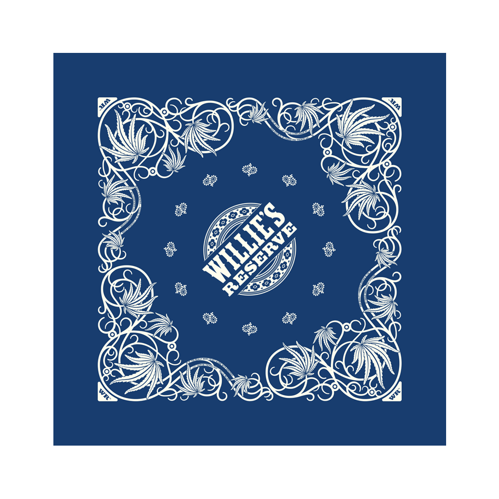 Official Willie's Reserve Merchandise. 100% blue cotton bandana with a white leaf print.