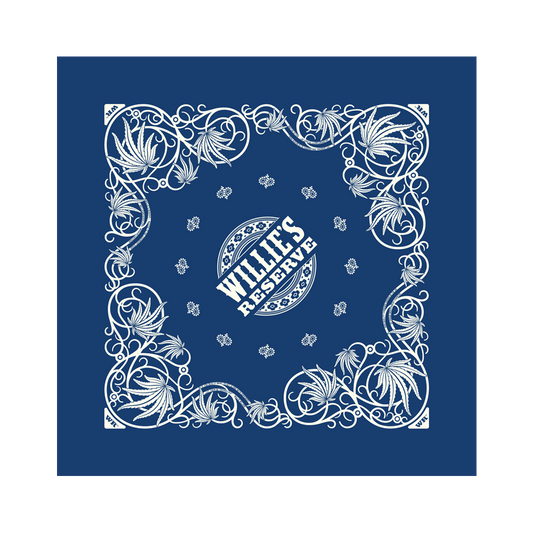 Official Willie's Reserve Merchandise. 100% blue cotton bandana with a white leaf print.